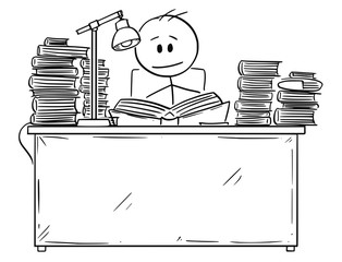 Cartoon stick drawing conceptual illustration of student sitting behind desk and reading or learning from one of many books. Concept of education.