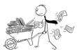 Cartoon stick drawing conceptual illustration of man, businessman or clerk pushing wheelbarrow full of office files and documents. Business concept of bureaucracy and paperwork.