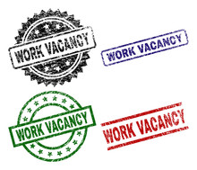 WORK VACANCY Seal Prints With Corroded Texture. Black, Green,red,blue Vector Rubber Prints Of WORK VACANCY Tag With Grunge Texture. Rubber Seals With Round, Rectangle, Medal Shapes.