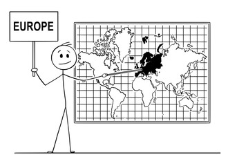 Wall Mural - Cartoon stick drawing conceptual illustration of man holding a sign and using pointer and pointing at Europe continent on big wall world map.