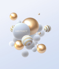 Wall Mural - 3d flowing spheres. vector abstract illustration of white and golden balls cluster. modern trendy co