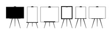 Set Advertising Stand Or Flip Chart Or Blank Artist Easel Isolated On White Background. Presentation Blank White Board For Conference. Vector Illustration.