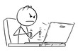 © Zdenek Sasek - Cartoon stick drawing conceptual illustration of angry man or businessman working or typing in office on laptop or notebook computer.