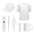 Souvenirs templates. Promotional branding gifts empty elements. Blank business identity on white. Vector business souvenir cup and cap, t-shirt and flash drive illustration