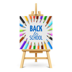 Canvas Print - Learning and school education vector concept. Back to school background with 3d colored pencils on wood easel isolated on white background. Illustration of back school on easel