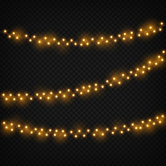 Poster - Christmas lights. Xmas realistic glowing golden light holiday decoration. Garland with lightbulbs. Isolated vector set. Christmas decoration, garland bulb for new year party illustration