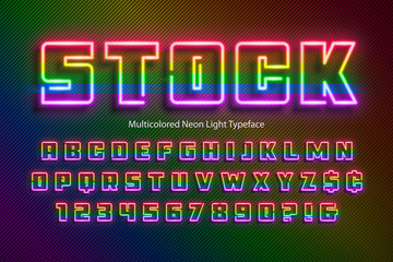 Rainbow Neon light alphabet, extra glowing font