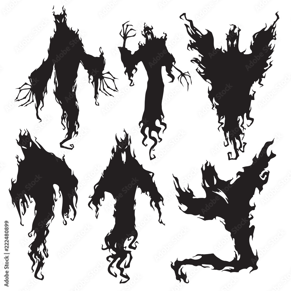 Evil spirit silhouette. Halloween dark night devil, nightmare demon or ghost silhouettes. Flying metaphysical vector illustration - obrazy, fototapety, plakaty 