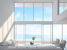 Modern White House Interior With Sea View 3d Render,Furnished With White Fabric Furniture .There Are Large Open Sliding Door Overlooking To Terrace,swimming Pool And Sea View.