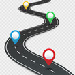 Highway roadmap with pins. Car road direction, gps route pin road trip navigation and roads business infographic vector illustration