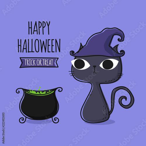 Cute Cat Cartoon And Magic Witch Cauldron Magical Boiler On Purple Background Invitation Card Halloween Party Design Template Vector Illustration Buy This Stock Vector And Explore Similar Vectors At Adobe Stock