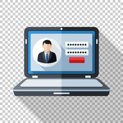 Wall Mural - laptop icon in flat style with user login form on the screen and long shadow on transparent backgrou