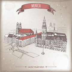 vintage travel illustration with munich, germany, old town sketch.