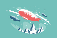 Airships In Air Above Snowy Mountains.