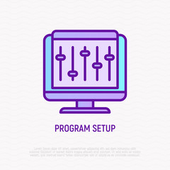 Wall Mural - program setup thin line icon: settings on pc. modern vector illustration.