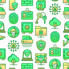 Wall Mural - security and protection seamless pattern with thin line icons: mobile security, fingerprint, badge, 