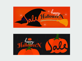 2 kinds of card or coupon for Halloween Season Sale : witch's hat and broom stick on orange paper and big pumpkins on black background