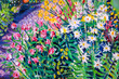 Details of acrylic paintings showing colour, textures and techniques. Summer cottage garden flower border.