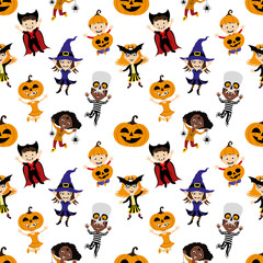 Seamless background with children in costumes for halloween on white background.