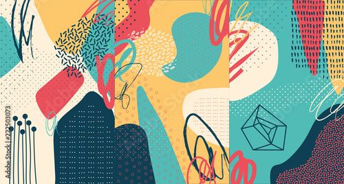 Creative doodle art header with different shapes and textures. Collage. Vector