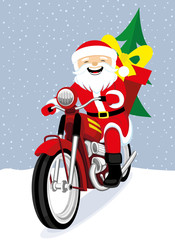 Sticker - Cheerful Santa Claus on a red retro motorcycle.