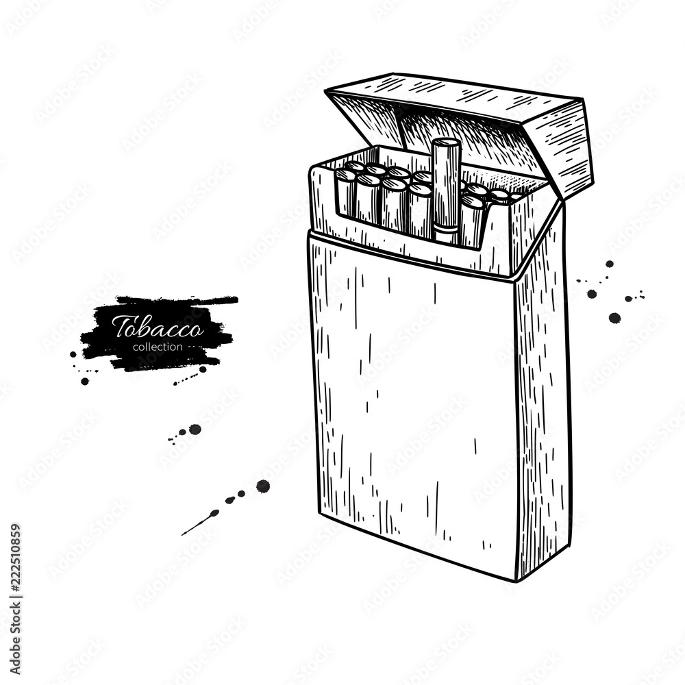Cigarette pack vector drawing. Opened box sketch. Smoking elemen Stock  Vector