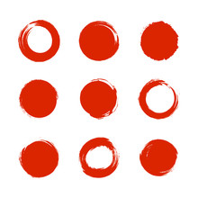 Vector Set Of Bright Red Circles, Japanese Brushes Collection Isolated.