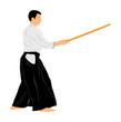 Aikido fighter vector illustration. Training action. Self defense, defence art excercising concept. Aikido instructor demonstrate skill with katana. Traditional warriors skills from Asia. Kendo fight.