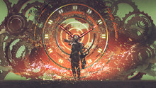 Cyborg Man Standing On Cogs Gears Wheels Steampunk Elements Backgound, Digital Art Style, Illustration Painting