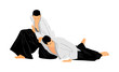 Fight between two aikido fighters vector symbol illustration. Sparring on training action. Self defense, defence art excercising concept. Karate and aikido fighters. Traditional warriors skills.