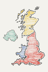 Hand drawn map of United Kingdom painted with pencils. Color vector illustration