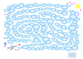 Logic puzzle game with labyrinth for children and adults. Help the plane find the way between clouds till sun. Vector cartoon image.