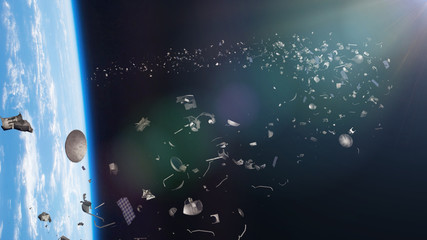 Wall Mural - space trash in earth orbit, dangerous debris orbiting around the blue planet