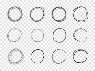Wall Mural - vector sketched circles, elements set on transparent background, black drawings.