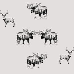 Wall Mural - Seamless pattern of hand drawn sketch style moose and deer isolated on white background. Vector illustration.