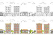 City line vector illustration seamless pattern set with vintage multi storey apartment houses with trees and clouds.
