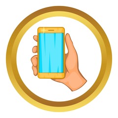 Canvas Print - Mobile phone in hand vector icon in golden circle, cartoon style isolated on white background