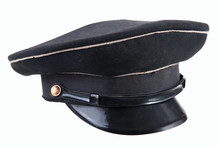 Headpiece For Office Workers And Military, Old Black Military Cap Cap Half Turn Isolated On White Background