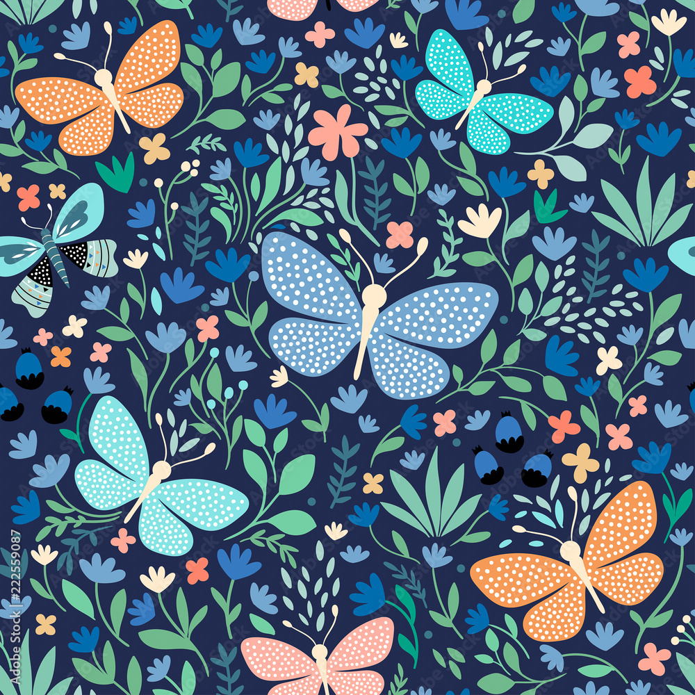 Floral seamless pattern with butterflies, hand drawn vector design ...