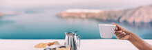 Luxury Travel Cruise Vacation Breakfast Coffee Cup Woman Drinking At Restaurant Brunch. Banner Panorama Of Morning Person Eating Holding Coffee Mug At Resort Hotel Balcony.