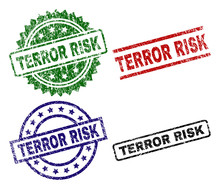 TERROR RISK Seal Prints With Distress Style. Black, Green,red,blue Vector Rubber Prints Of TERROR RISK Tag With Scratched Style. Rubber Seals With Circle, Rectangle, Medal Shapes.