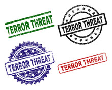 TERROR THREAT Seal Prints With Corroded Surface. Black, Green,red,blue Vector Rubber Prints Of TERROR THREAT Title With Scratched Surface. Rubber Seals With Round, Rectangle, Medal Shapes.