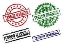 TERROR WARNING Seal Stamps With Corroded Style. Black, Green,red,blue Vector Rubber Prints Of TERROR WARNING Label With Scratched Style. Rubber Seals With Round, Rectangle, Medallion Shapes.