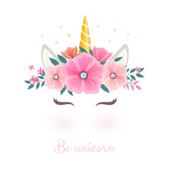 Cute unicorn head with flower crown. 