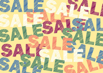 Leinwandbilder - Colorful Sale Word with vertical stripes texture pattern random lines on yellow background. Design for promotion. Vector illustration