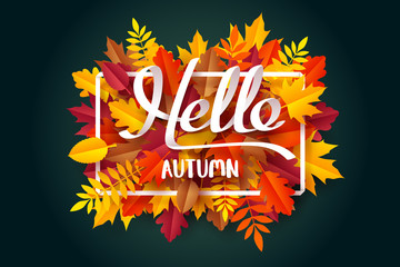 Wall Mural - Paper art of Hello Autumn calligraphy lettering on fallen leaves