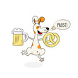 funny dog jumping for joy with beer and pretzel