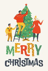 Merry Christmas greeting card with people. Family decorating a fir tree. Xmas winter poster collection.