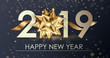 Happy New Year 2019 winter holiday greeting card design template. Party poster, banner or invitation gold glittering stars confetti glitter decoration. Vector background with