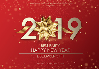 Happy New Year 2019 winter holiday greeting card design template. Party poster, banner or invitation gold glittering stars confetti glitter decoration. Vector background with golden gift bow